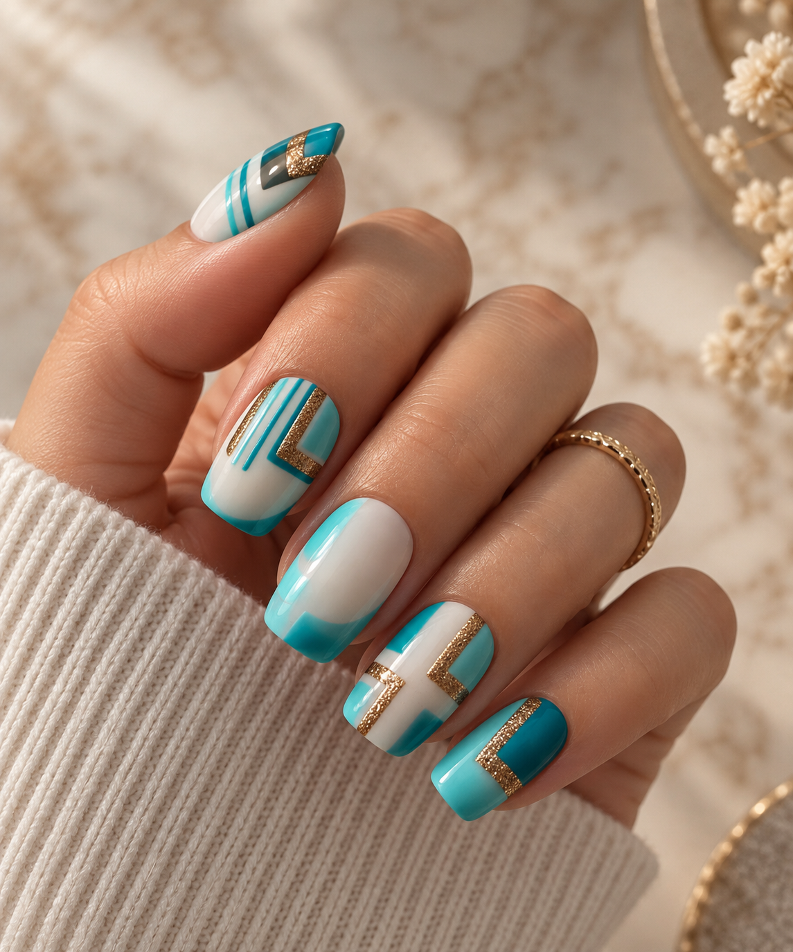 Press-on nails Riviera Epsylaya, blanc, turquoise et doré