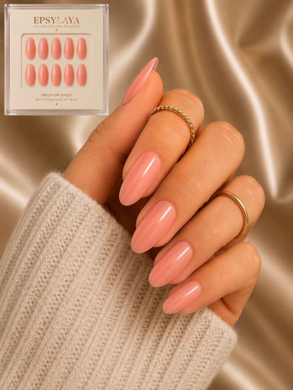 Press-on nails Rose Ballerine, forme amande, Epsylaya Suisse – vue 3