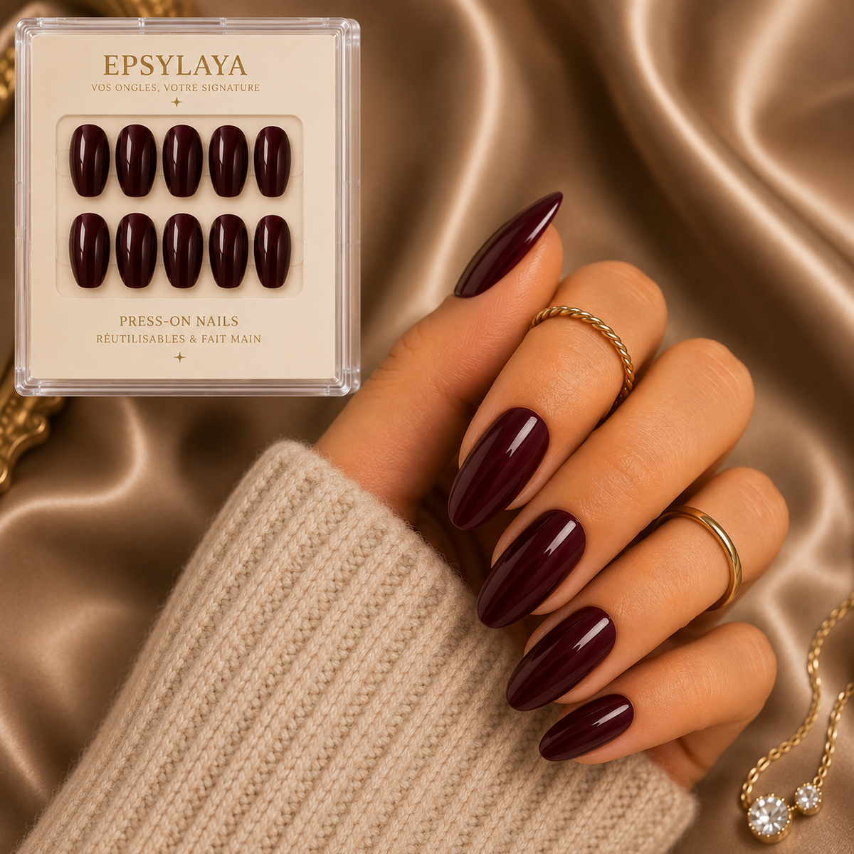 Press-on nails Bordeaux brillant, forme amande, Epsylaya Suisse – vue 3