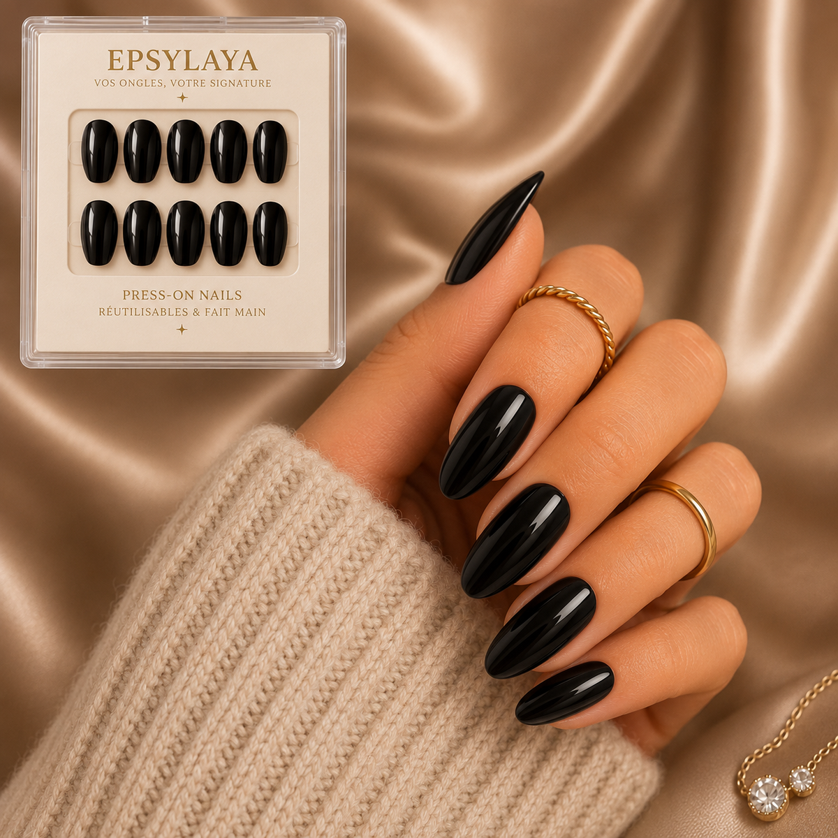 Press-on nails Noir brillant, Epsylaya Suisse – vue 3