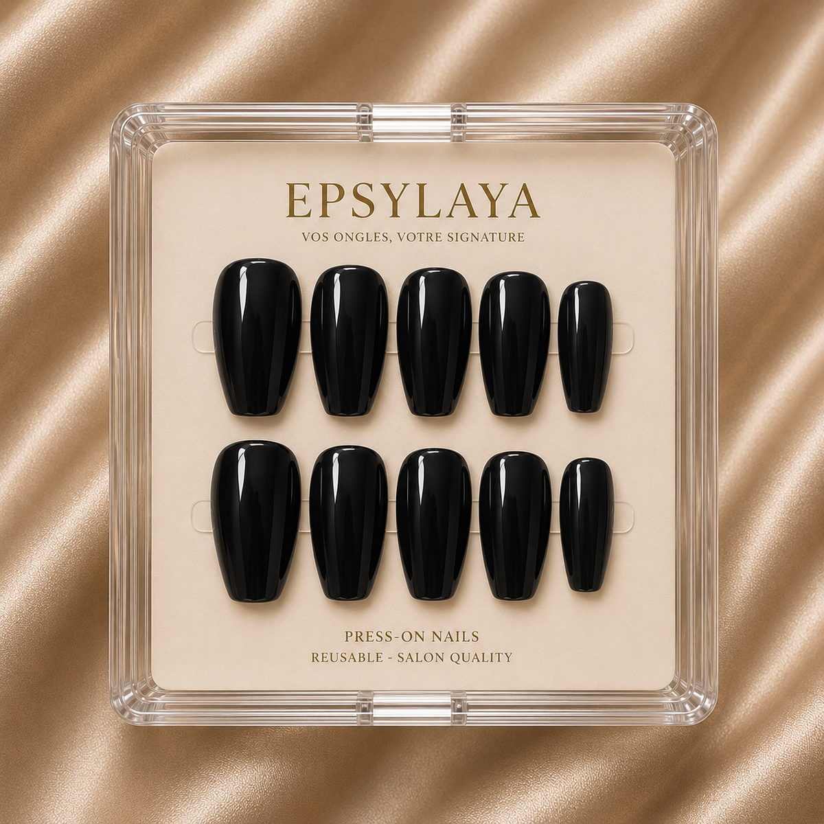 Press-on nails Noir brillant posés sur la main, Epsylaya Suisse