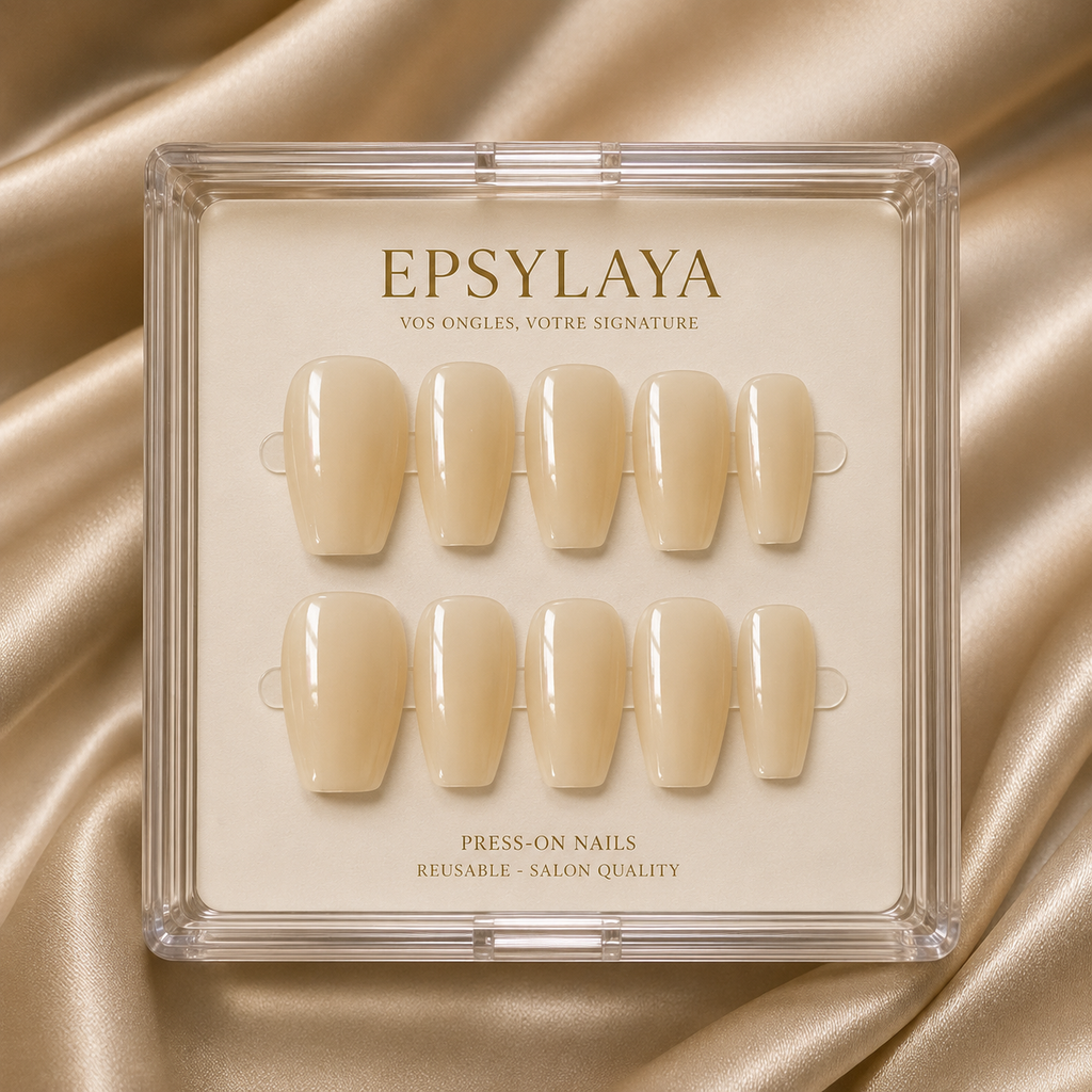 Press-on nails Nude délicat posés sur la main, Epsylaya Suisse