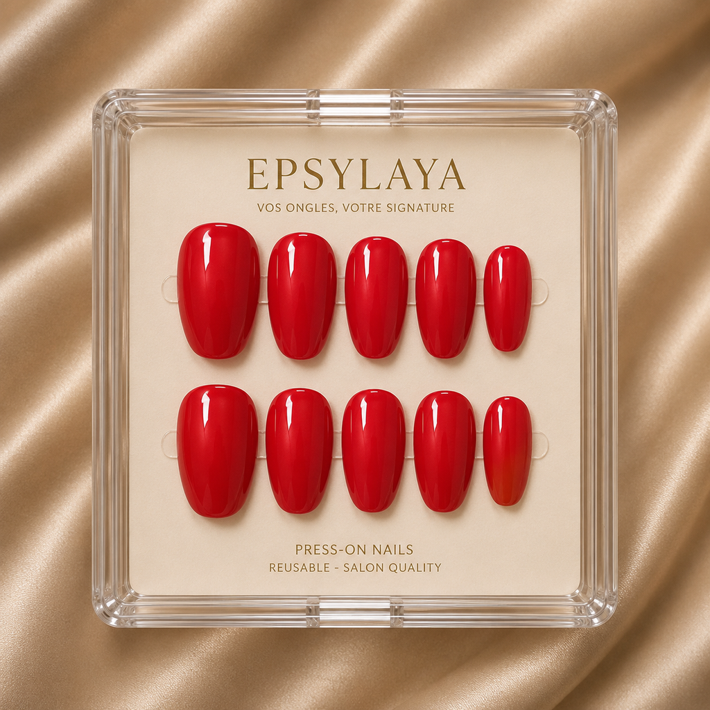 Press-on nails Rouge posés sur la main, Epsylaya Suisse