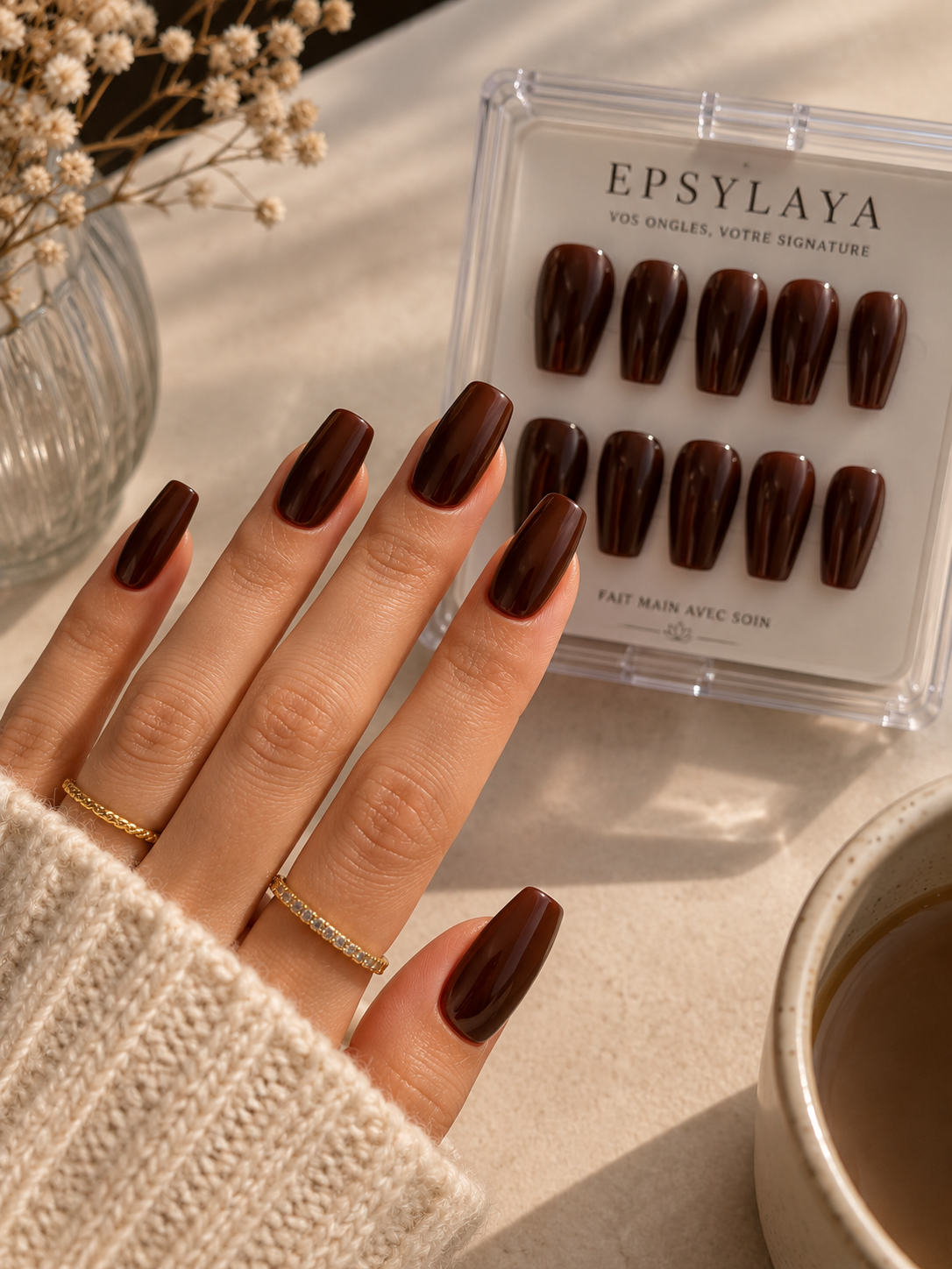 Press-on nails Chocolat brun profond, Epsylaya Suisse – vue 3