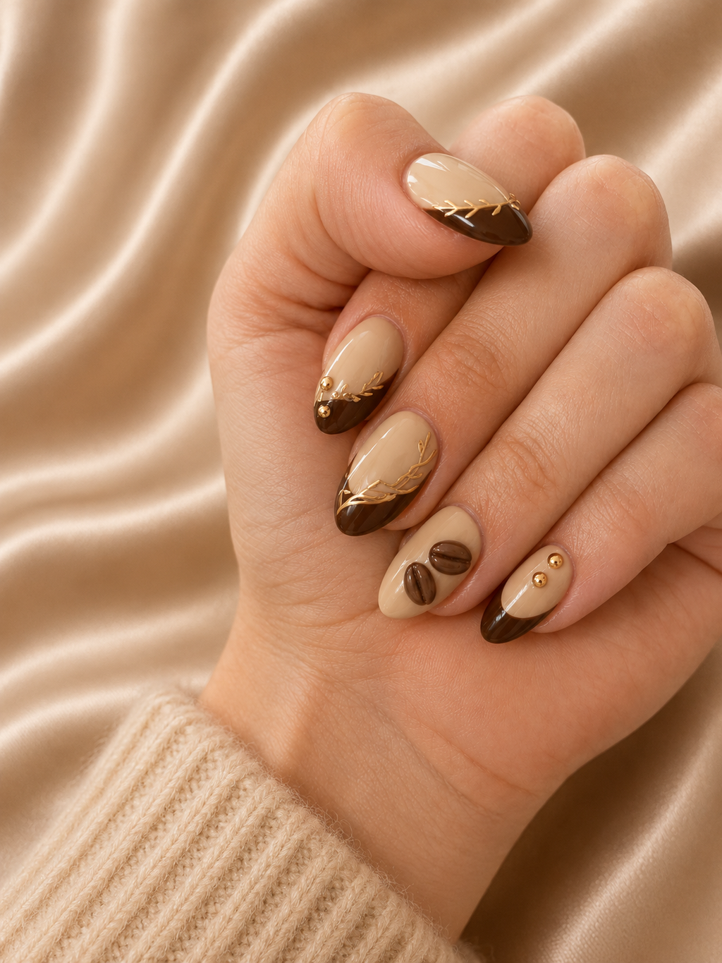 Press-on nails Signature Moka, reliefs chocolat et éclats dorés, Epsylaya Suisse – vue 1