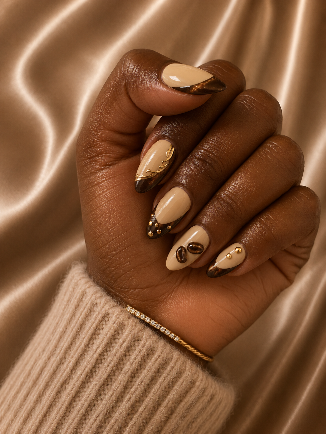 Press-on nails Signature Moka, reliefs chocolat et éclats dorés, Epsylaya Suisse – vue 2