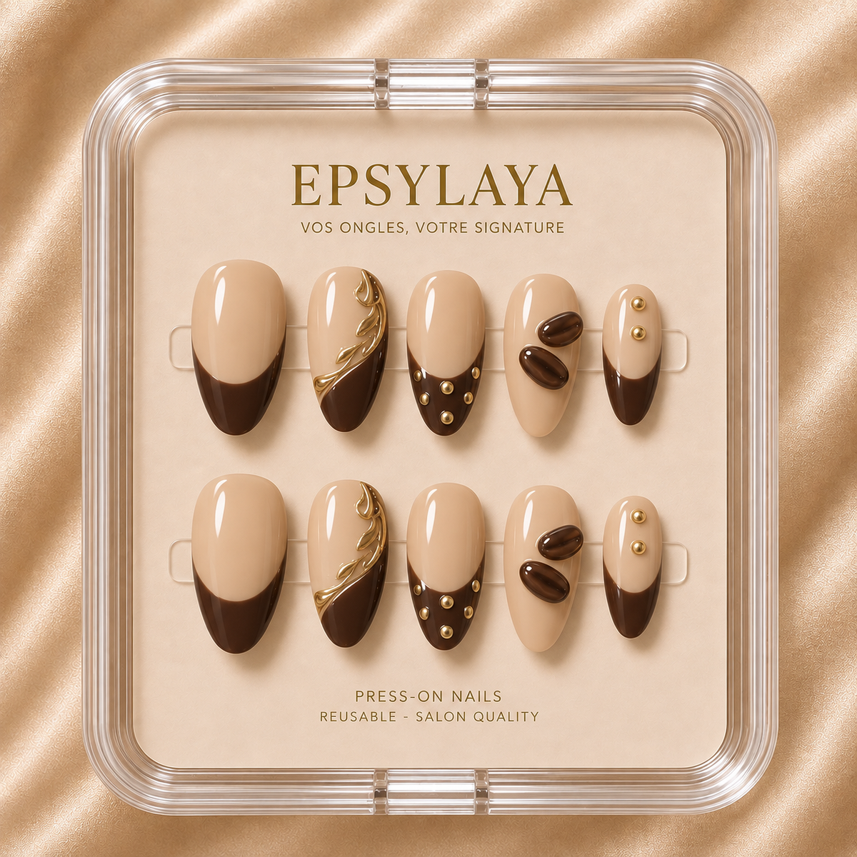 Press-on nails Signature Moka posés sur la main, Epsylaya Suisse