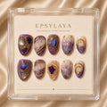 Press-on nails Signature Céleste, lilas irisé et fleurs dorées en relief, Epsylaya Suisse