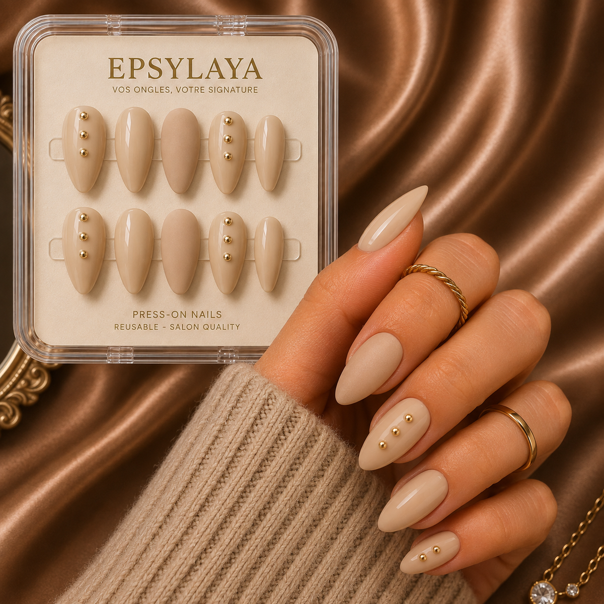Press-on nails Brise, nail art nude et doré, Epsylaya Suisse – vue 3