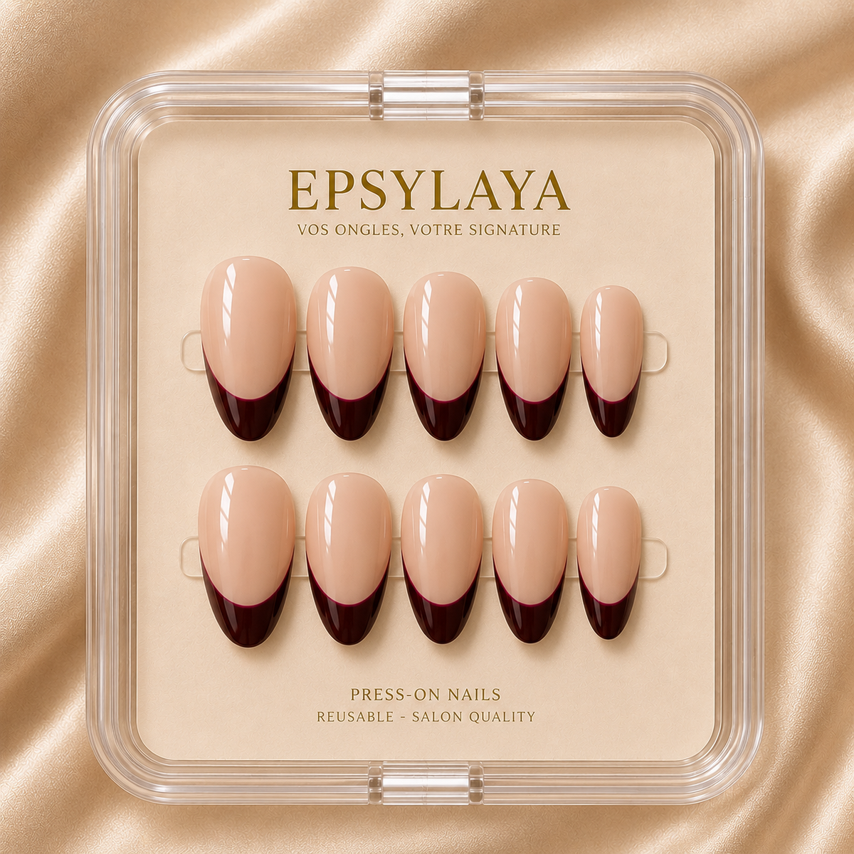 Press-on nails French manucure Bordeaux posés sur la main, Epsylaya Suisse