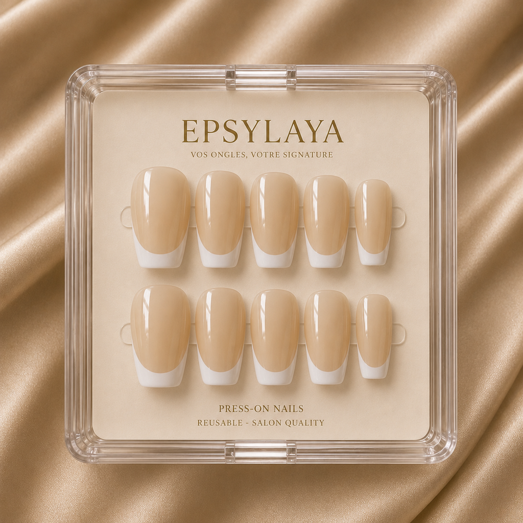 Press-on nails French manucure Nude posés sur la main, Epsylaya Suisse