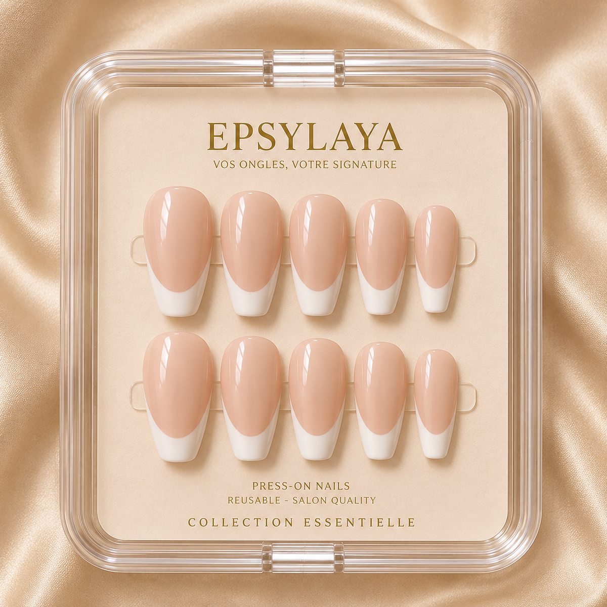 Press-on nails French manucure Rosé posés sur la main, Epsylaya Suisse