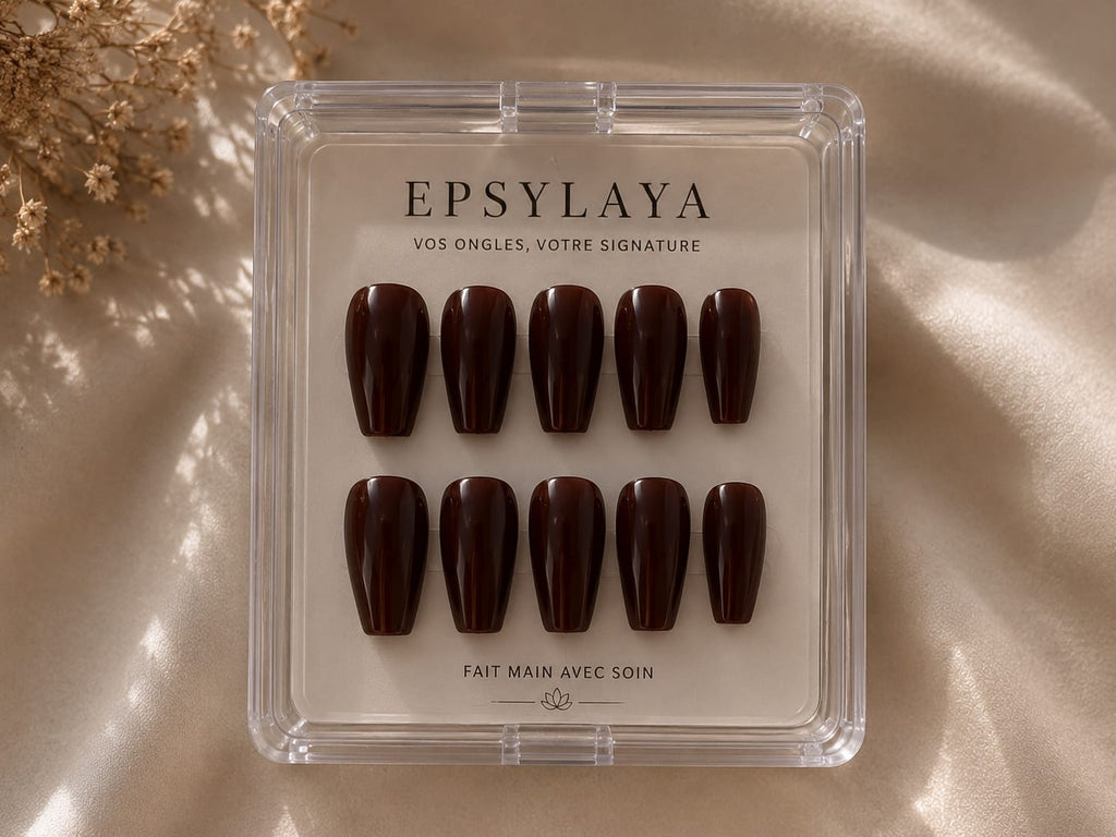 Press-on nails Chocolat posés sur la main, Epsylaya Suisse