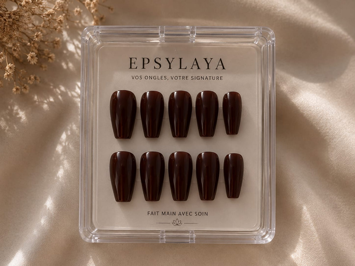 Press-on nails Chocolat posés sur la main, Epsylaya Suisse