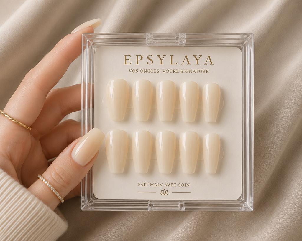 Press-on nails Ivoire lumineux, forme amande, Epsylaya Suisse – vue 3