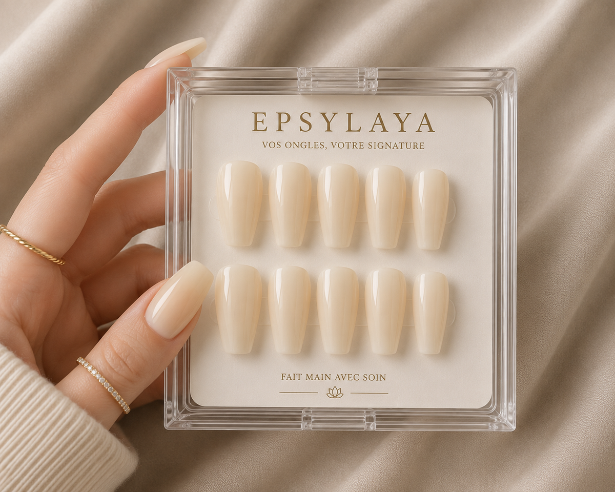 Press-on nails Ivoire lumineux, forme amande, Epsylaya Suisse – vue 3