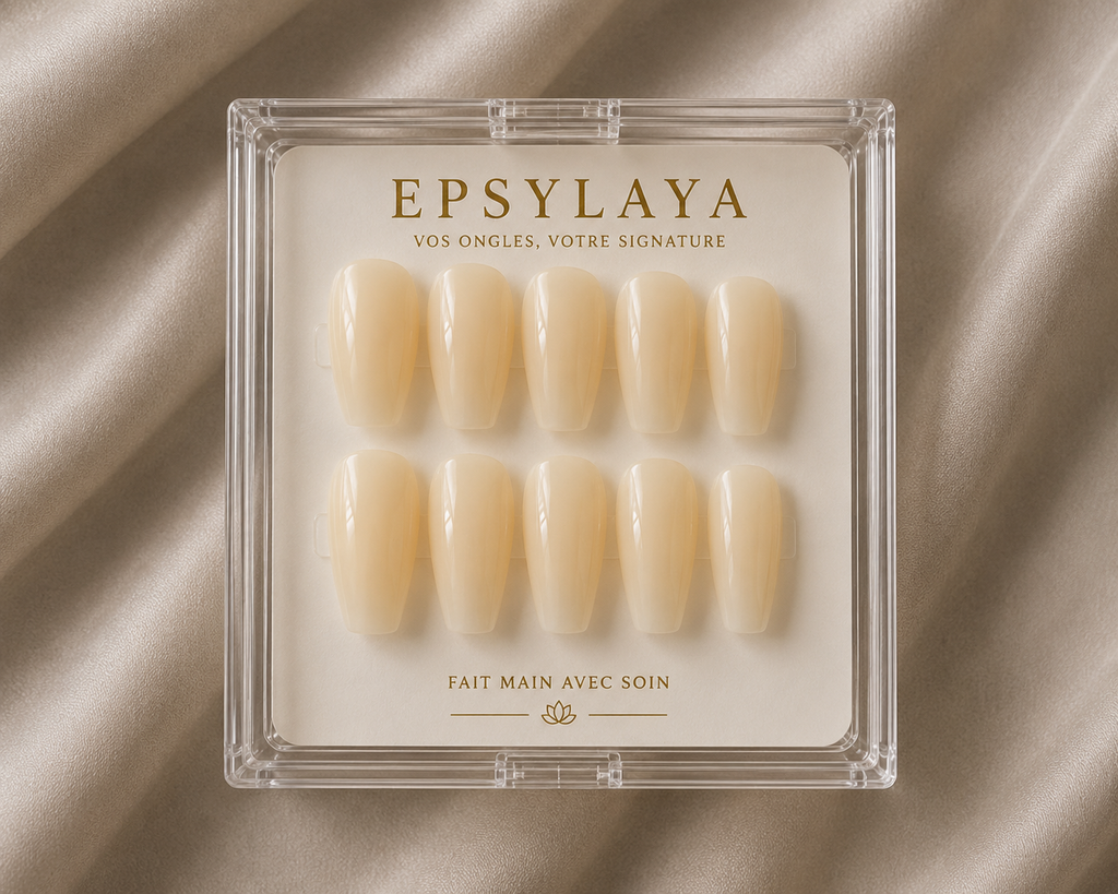 Press-on nails Ivoire lumineux posés sur la main, Epsylaya Suisse