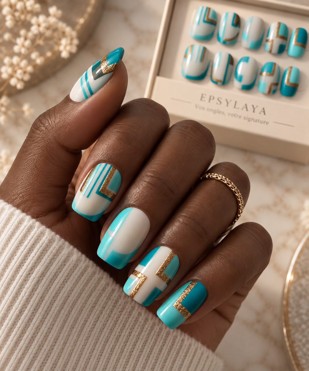 Press-on nails Riviera, nail art turquoise et doré, Epsylaya Suisse – vue 2