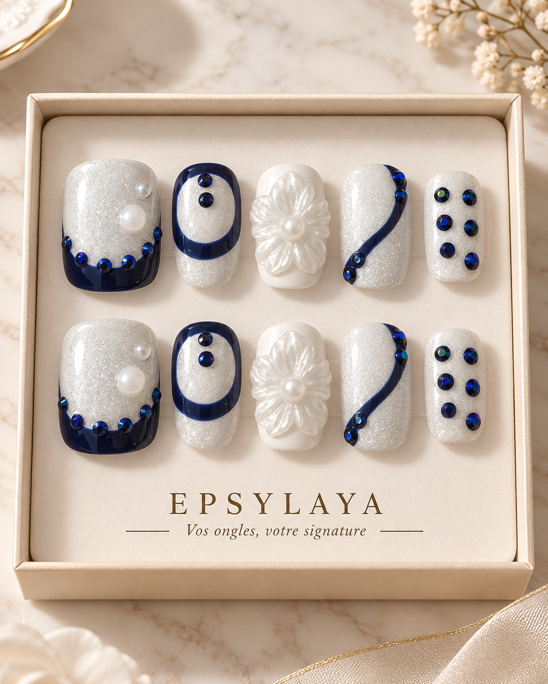Press-on nails Signature Saphir posés sur la main, Epsylaya Suisse