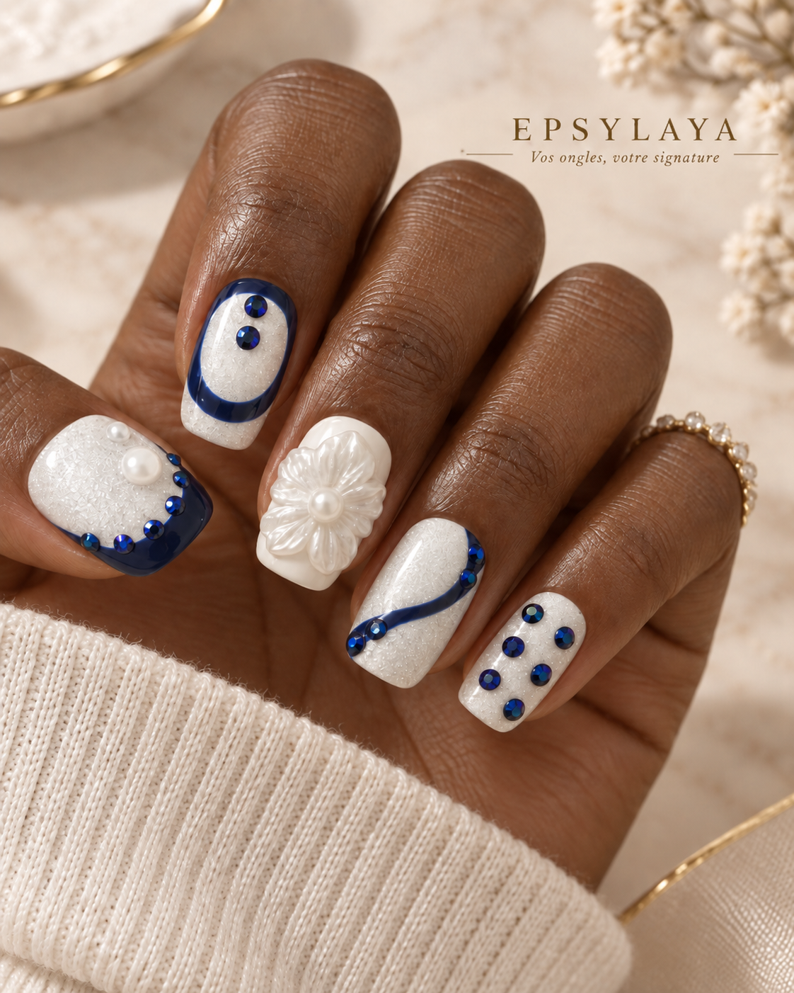 Press-on nails Signature Saphir, cristaux et détails bleu nuit, Epsylaya Suisse – vue 2