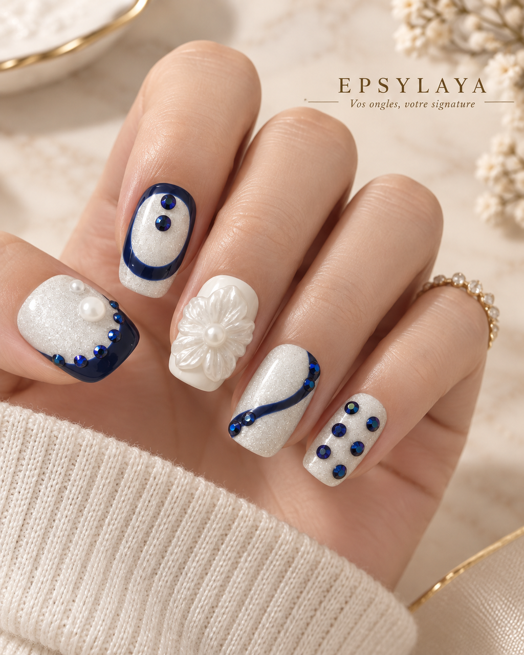 Press-on nails Signature Saphir, cristaux et détails bleu nuit, Epsylaya Suisse – vue 1