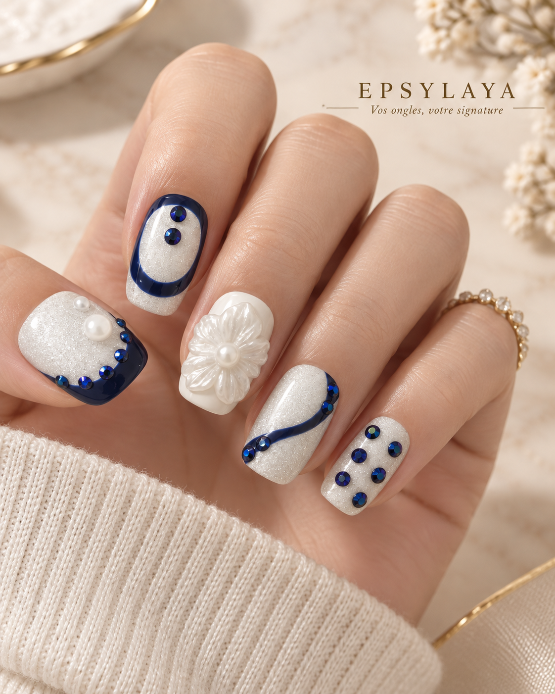 Press-on nails Signature Saphir, cristaux et détails bleu nuit, Epsylaya Suisse – vue 1